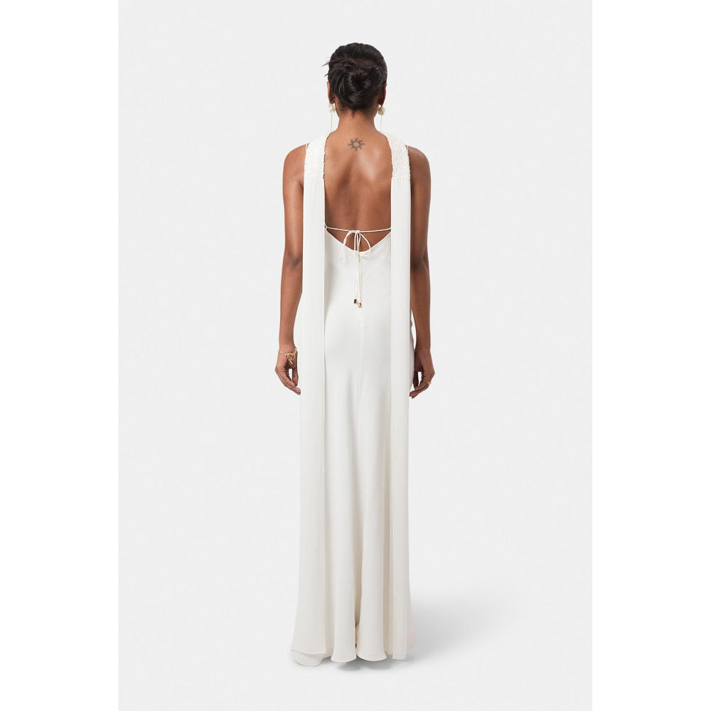 BEYOND Womens Viscose Sequined White Dress With Scarf