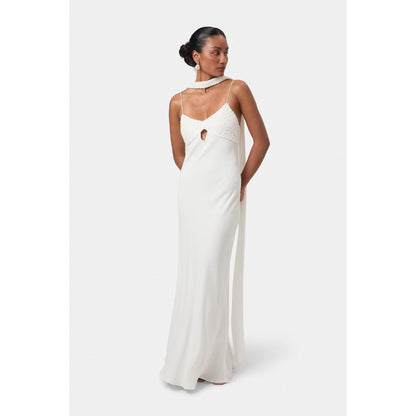BEYOND Womens Viscose Sequined White Dress With Scarf