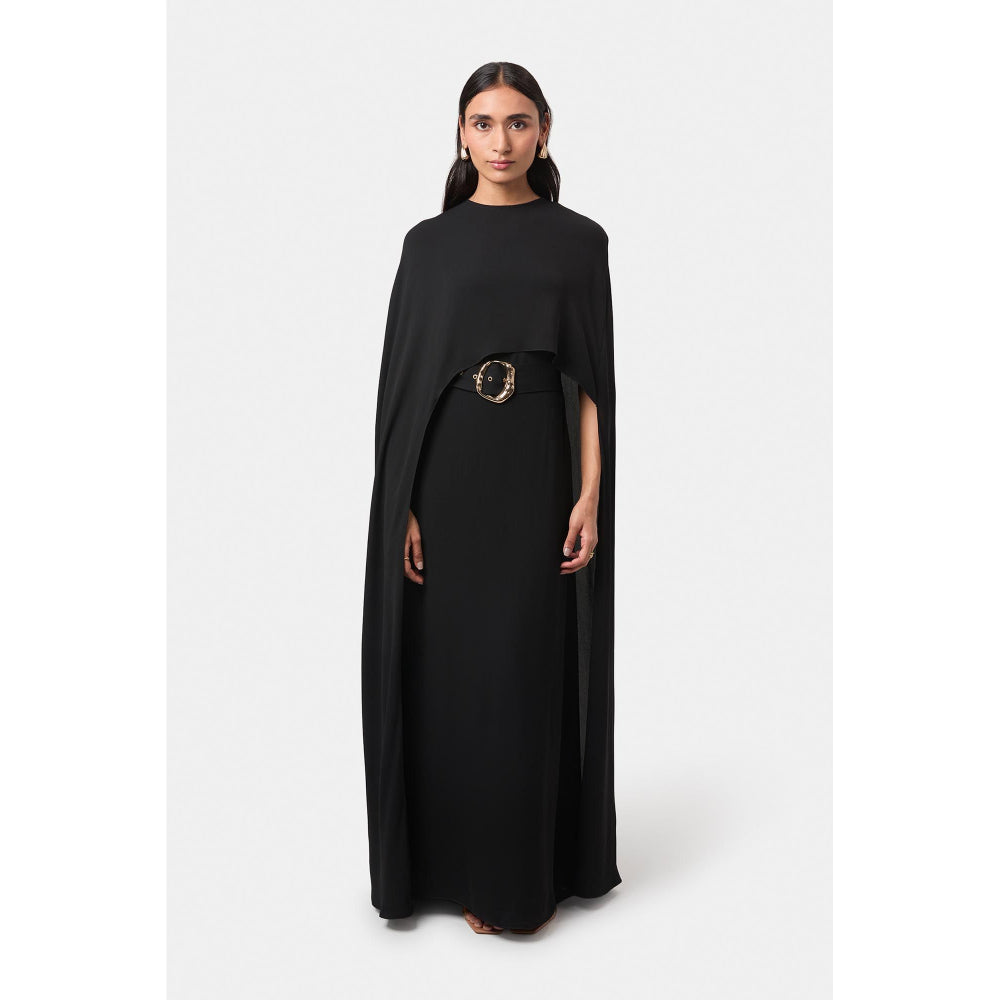 BEYOND Womens Viscose Solid Black Dress With Cape And Belt