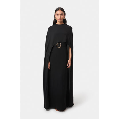 BEYOND Womens Viscose Solid Black Dress With Cape And Belt