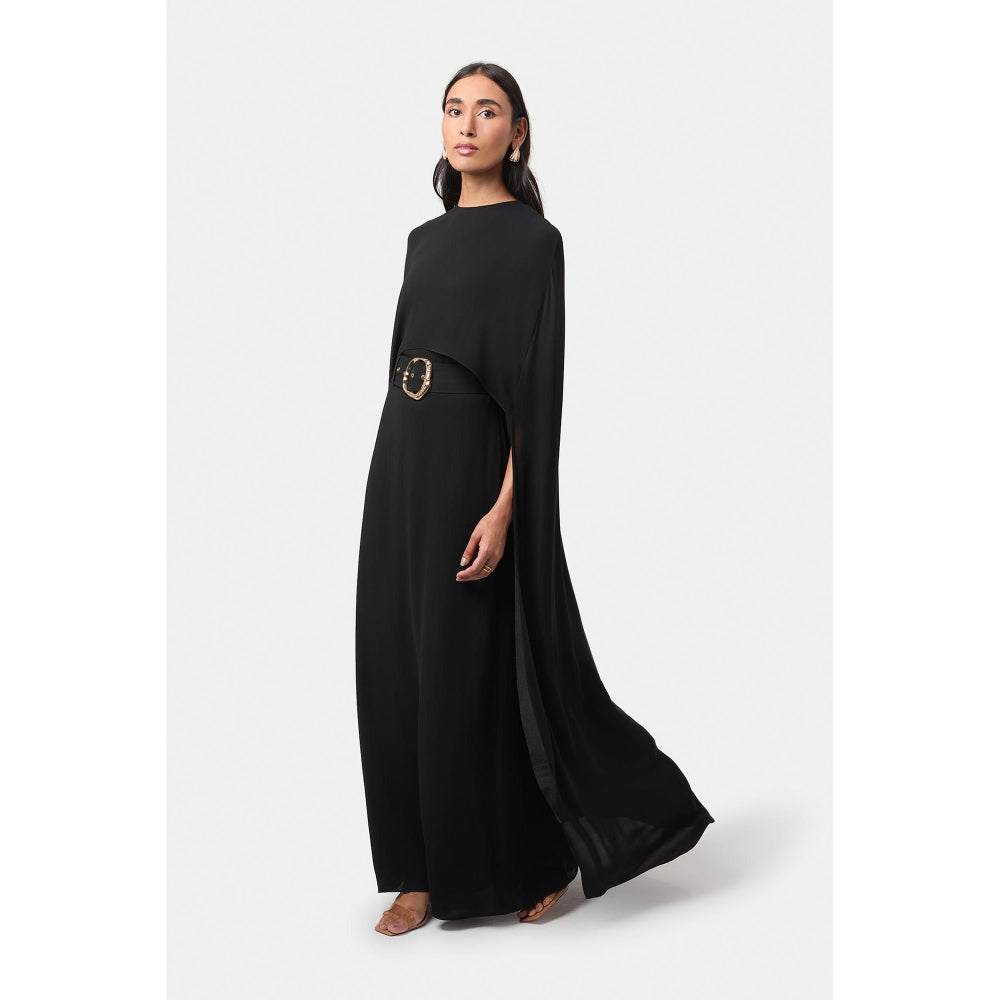 BEYOND Womens Viscose Solid Black Dress With Cape And Belt