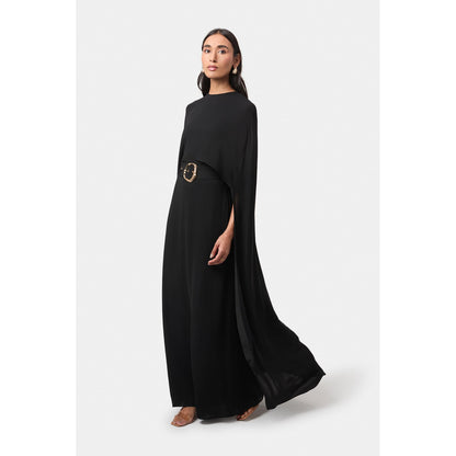 BEYOND Womens Viscose Solid Black Dress With Cape And Belt