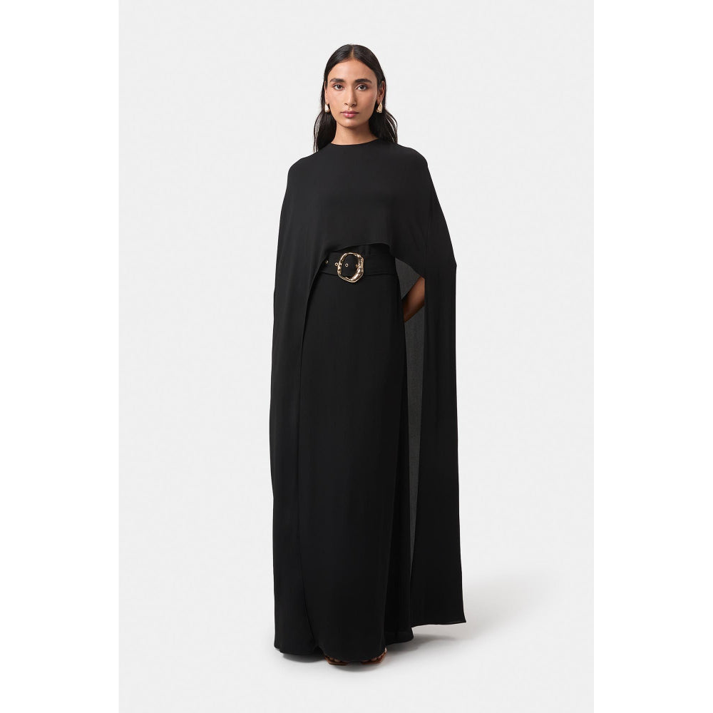 BEYOND Womens Viscose Solid Black Dress With Cape And Belt
