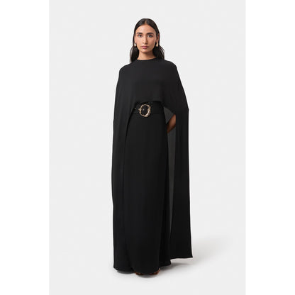 BEYOND Womens Viscose Solid Black Dress With Cape And Belt