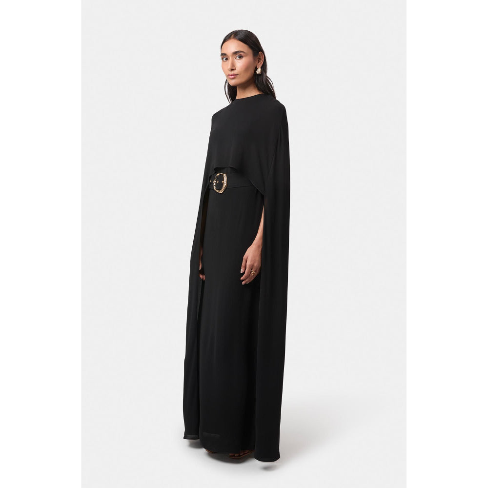BEYOND Womens Viscose Solid Black Dress With Cape And Belt