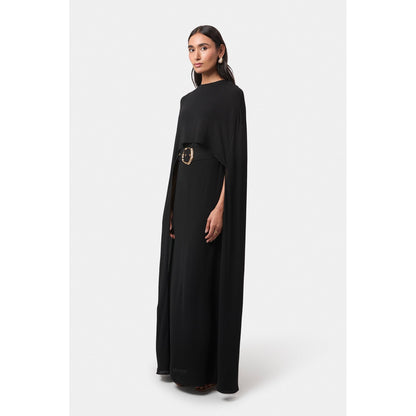 BEYOND Womens Viscose Solid Black Dress With Cape And Belt