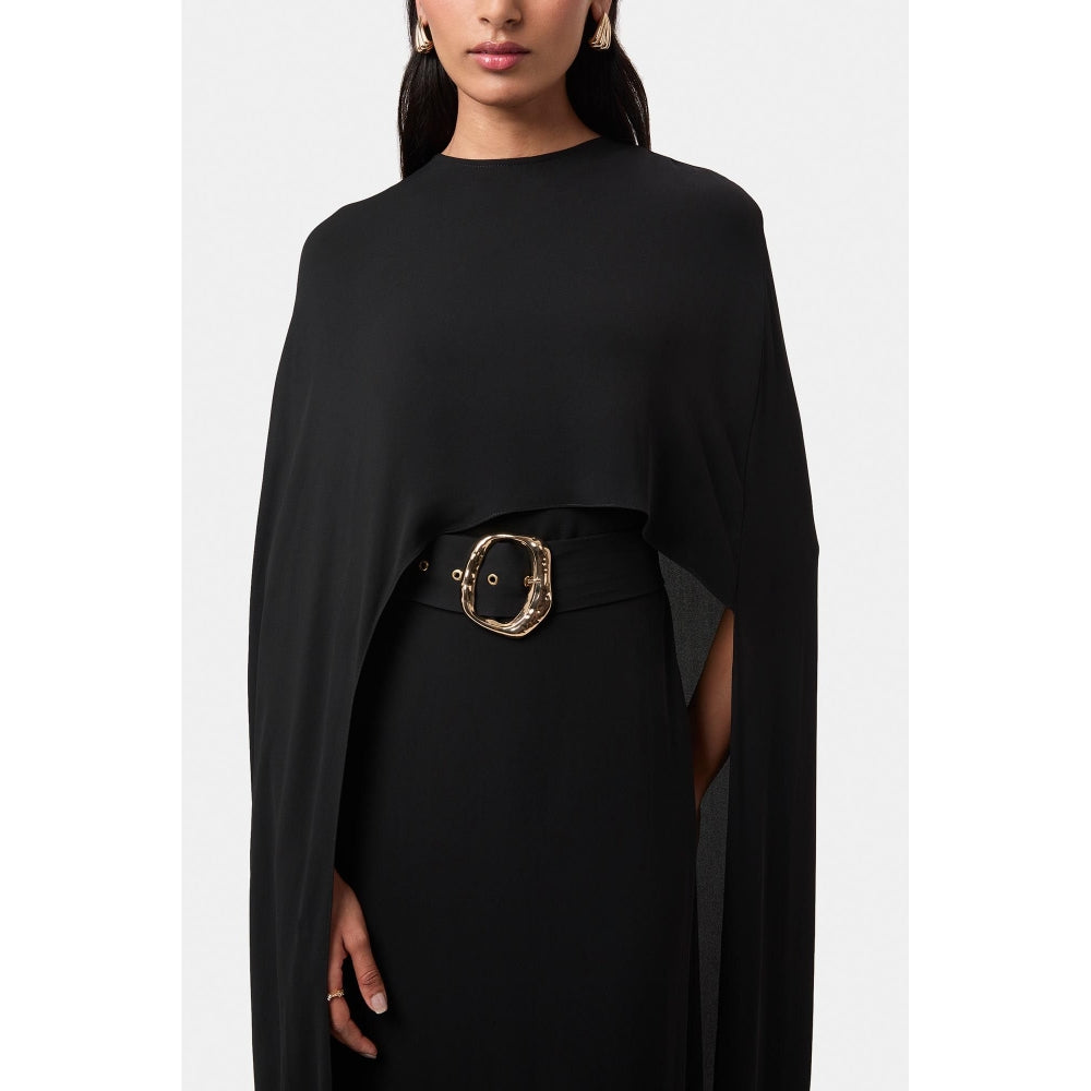 BEYOND Womens Viscose Solid Black Dress With Cape And Belt