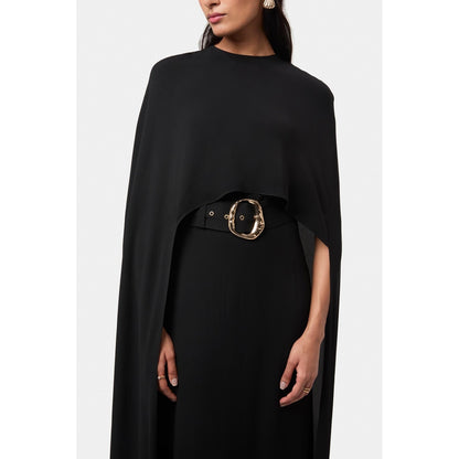 BEYOND Womens Viscose Solid Black Dress With Cape And Belt