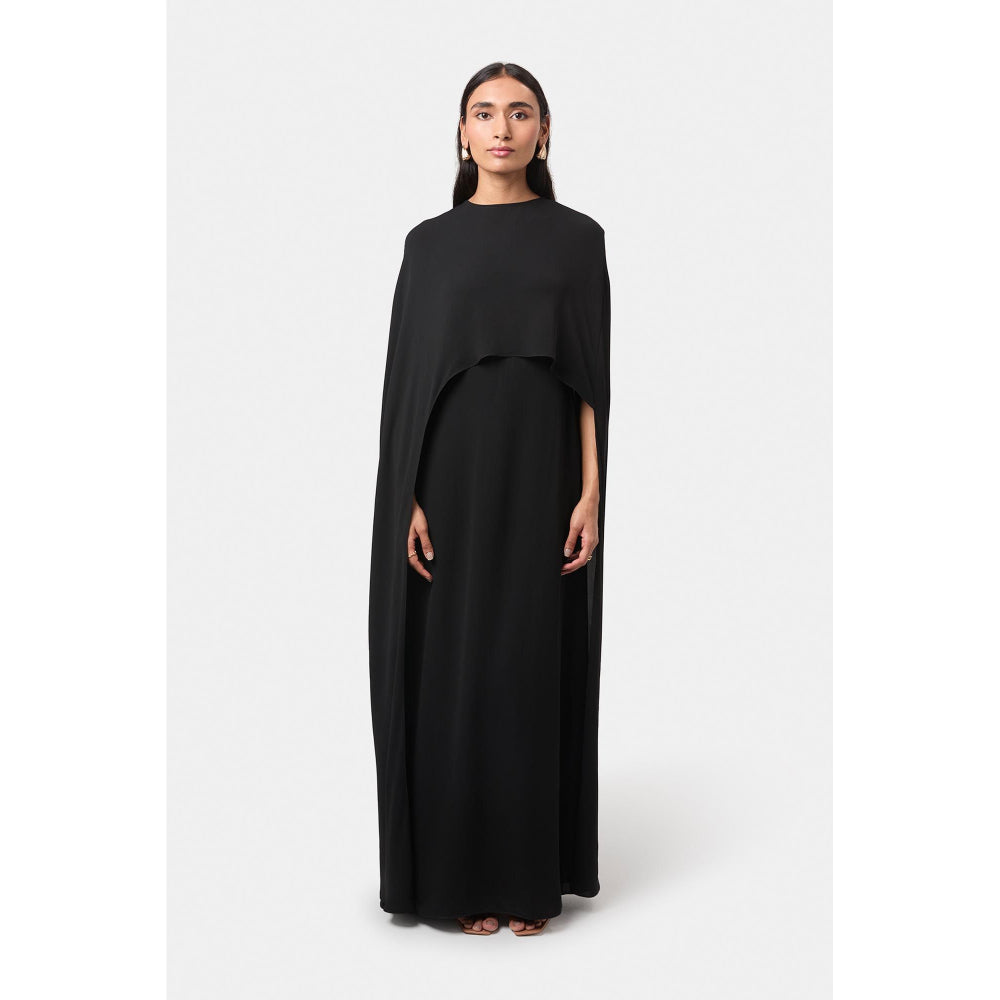 BEYOND Womens Viscose Solid Black Dress With Cape And Belt