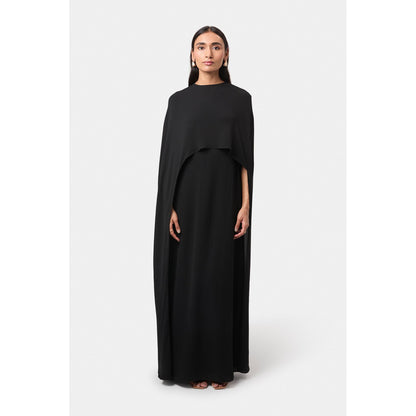 BEYOND Womens Viscose Solid Black Dress With Cape And Belt