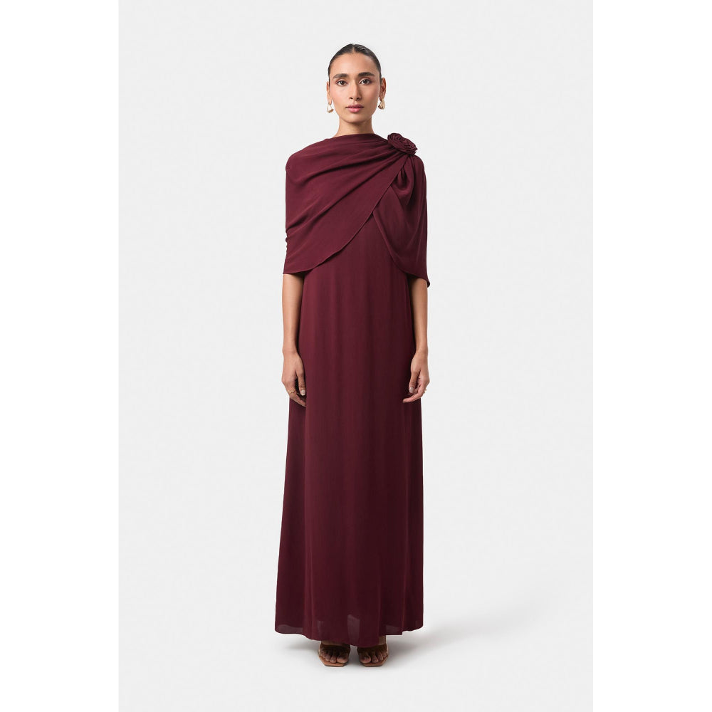 BEYOND Womens Viscose Solid Wine Dress With Cape