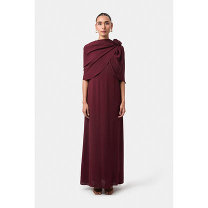 BEYOND Womens Viscose Solid Wine Dress With Cape