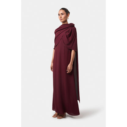 BEYOND Womens Viscose Solid Wine Dress With Cape