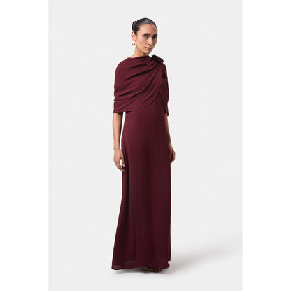 BEYOND Womens Viscose Solid Wine Dress With Cape