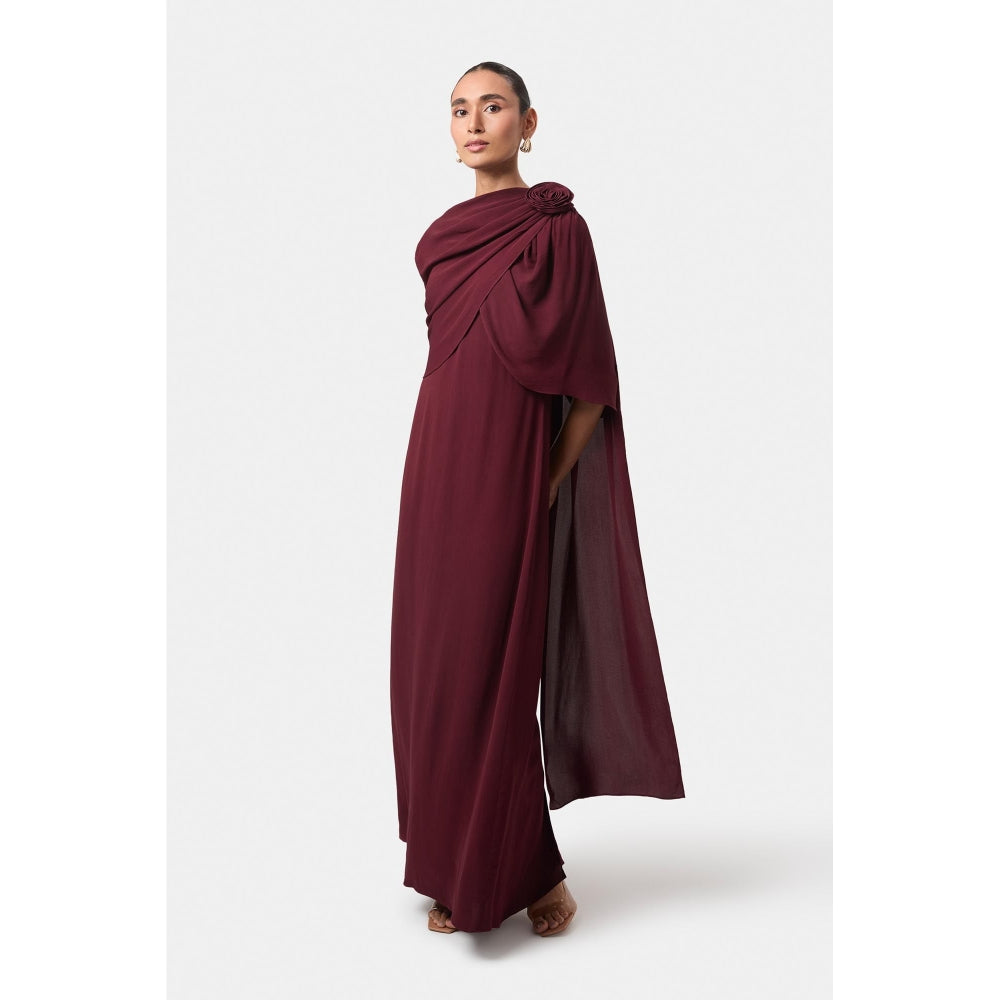 BEYOND Womens Viscose Solid Wine Dress With Cape