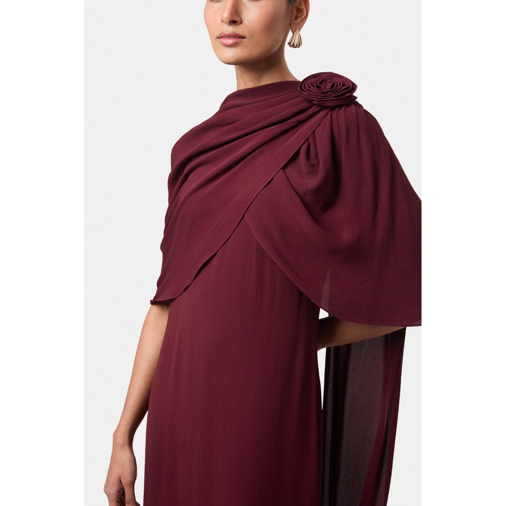 BEYOND Womens Viscose Solid Wine Dress With Cape