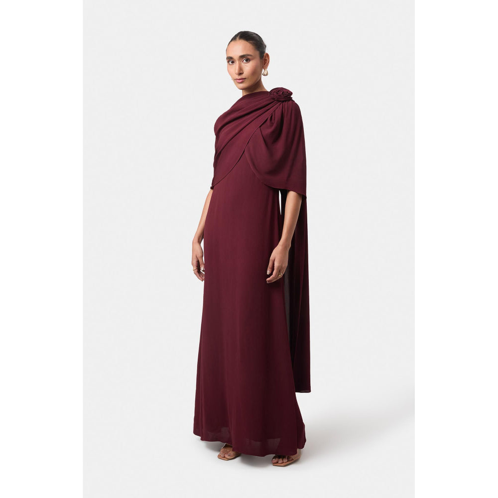 BEYOND Womens Viscose Solid Wine Dress With Cape