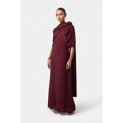 BEYOND Womens Viscose Solid Wine Dress With Cape
