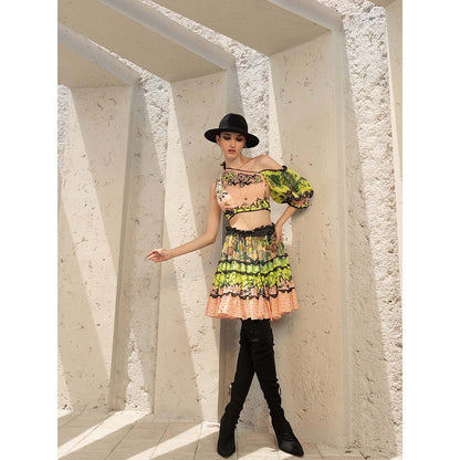 Bhanuni by Jyoti Salmon Pink and Lime Green Mini Skirt