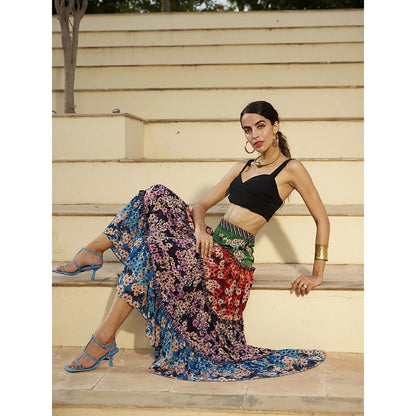 Bhanuni by Jyoti Candy Red, Shamrock Green and Amethyst Purple Midi Skirt