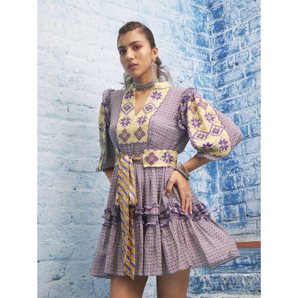 Bhanuni by Jyoti Women Printed Dream Purple Mini Dress with Belt