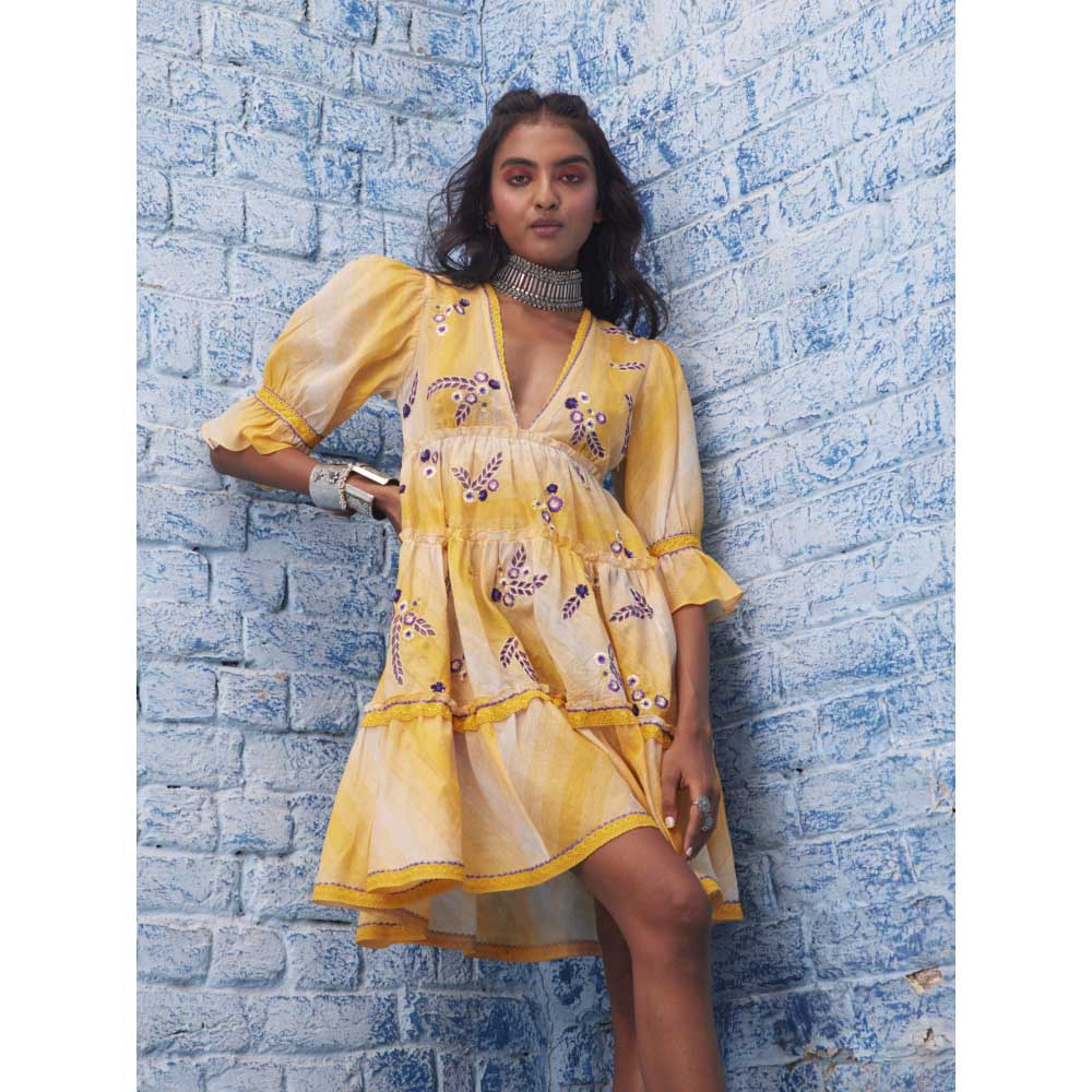 Bhanuni by Jyoti Women Embroidered Macroon Yellow Mini Dress