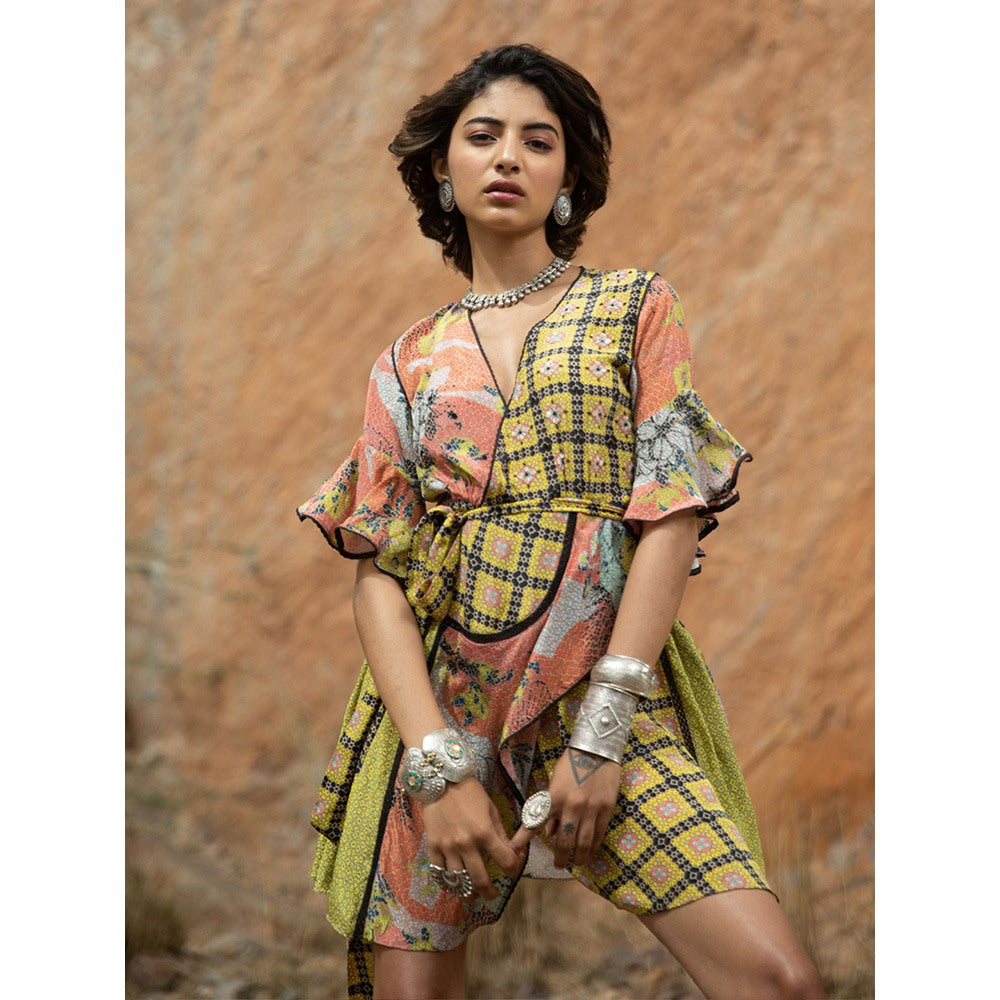 Bhanuni by Jyoti Women Printed Dandelion Yellow Wrap Mini Dress