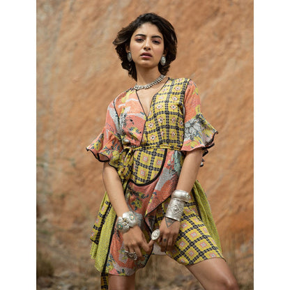 Bhanuni by Jyoti Women Printed Dandelion Yellow Wrap Mini Dress