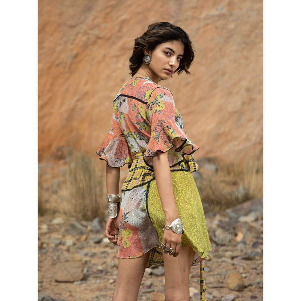 Bhanuni by Jyoti Women Printed Dandelion Yellow Wrap Mini Dress