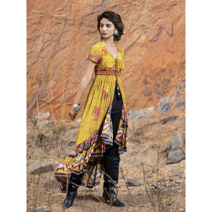 Bhanuni by Jyoti Women Printed Canary Yellow Midi Dress