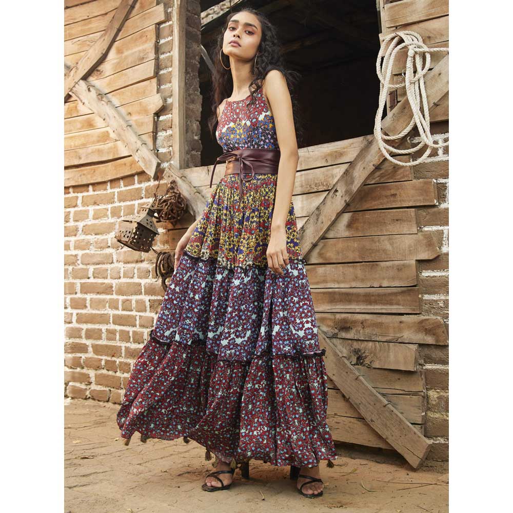 Bhanuni by Jyoti Cobalt Brown Maxi Dress with Belt (Set of 2)