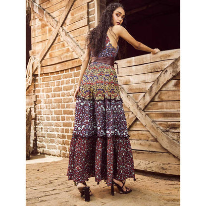 Bhanuni by Jyoti Cobalt Brown Maxi Dress with Belt (Set of 2)