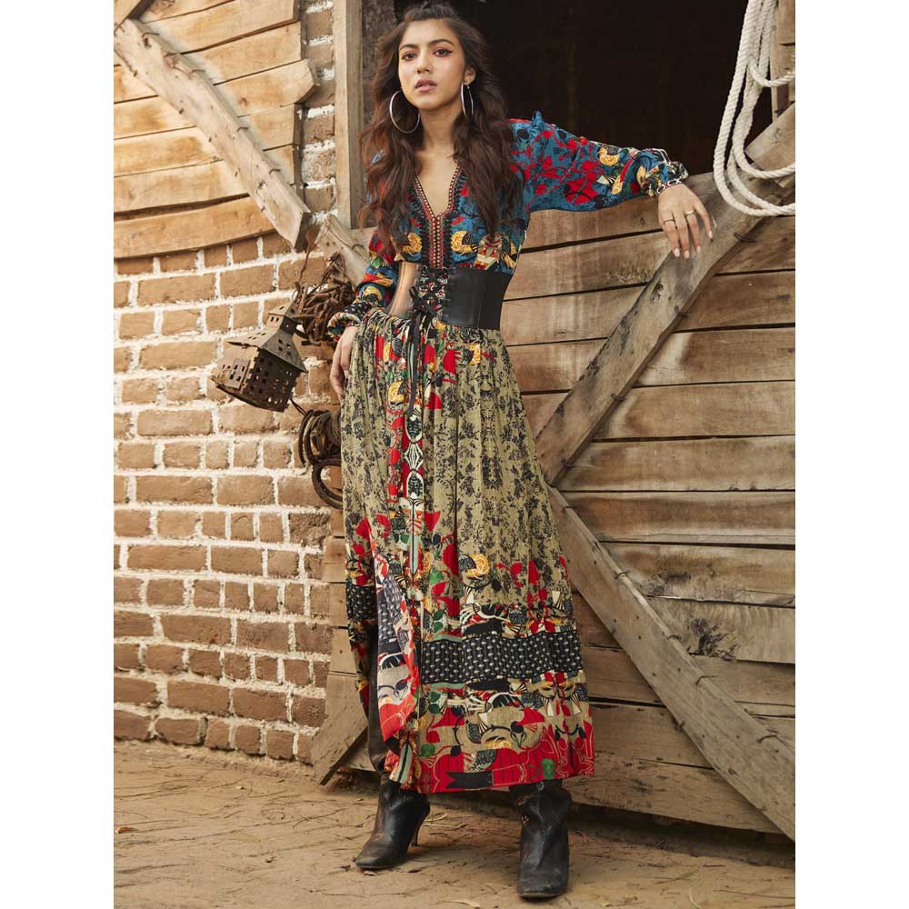 Bhanuni by Jyoti Multi-Colour Hazel Wood Maxi Dress with Belt (Set of 2)