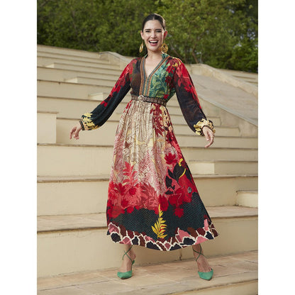 Bhanuni by Jyoti Rose Red Maxi Dress with Belt (Set of 2)
