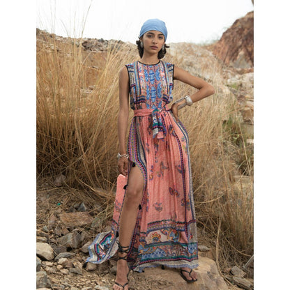 Bhanuni by Jyoti Pastel Cornflower Rouge Pink Maxi Dress with Belt (Set of 2)