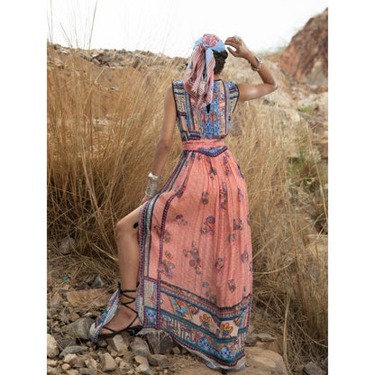 Bhanuni by Jyoti Pastel Cornflower Rouge Pink Maxi Dress with Belt (Set of 2)