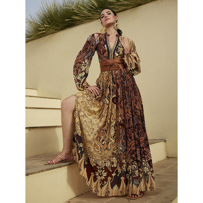 Bhanuni by Jyoti Mahogany Brown Maxi Dress with Belt