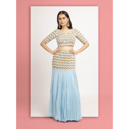 Bha-Sha Blue Mishka Blouse With Lehenga And Dupatta