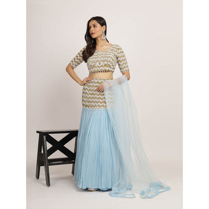 Bha-Sha Blue Mishka Blouse With Lehenga And Dupatta