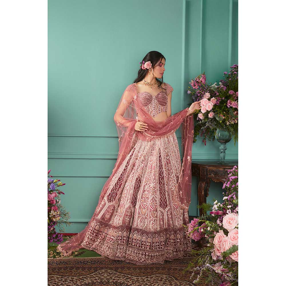 Jigar and Nikita Rust Rose Blouse and Lehenga with Dupatta (Set of 3)