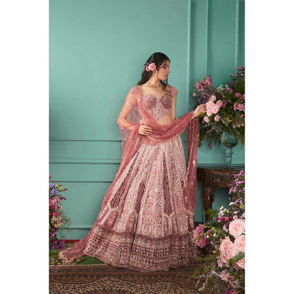 Jigar and Nikita Rust Rose Blouse and Lehenga with Dupatta (Set of 3)