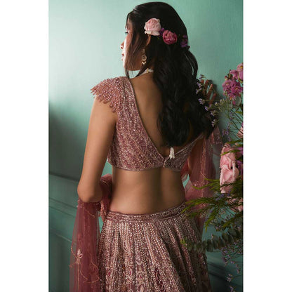 Jigar and Nikita Rust Rose Blouse and Lehenga with Dupatta (Set of 3)