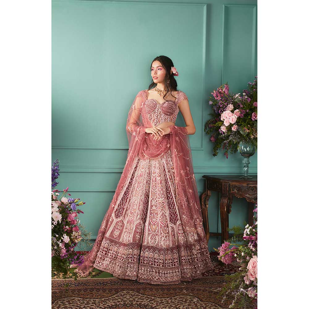 Jigar and Nikita Rust Rose Blouse and Lehenga with Dupatta (Set of 3)