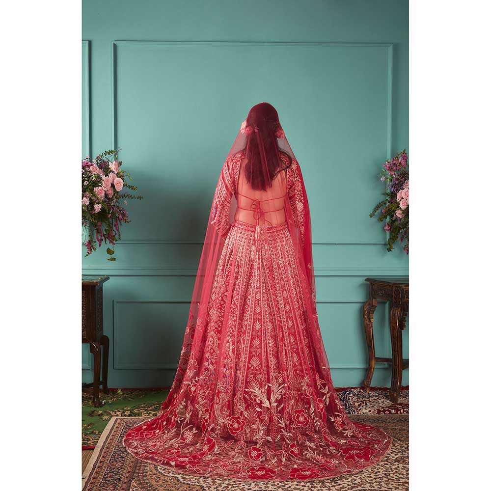 Jigar and Nikita Red Blouse and Lehenga with Dupatta (Set of 3)