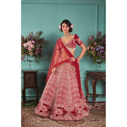 Jigar and Nikita Red Blouse and Lehenga with Dupatta (Set of 3)