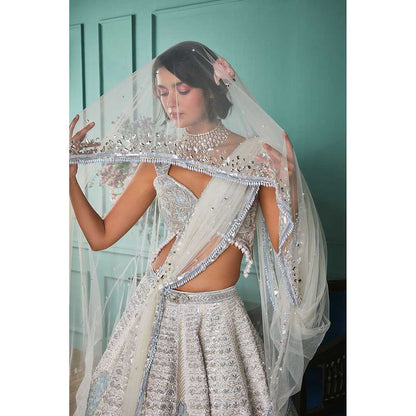 Jigar and Nikita Ivory Blouse and Lehenga with Dupatta (Set of 3)