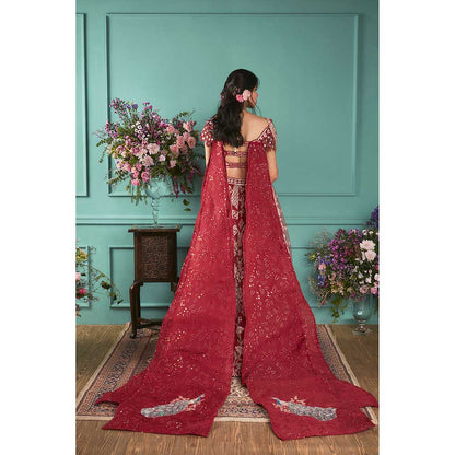 Jigar and Nikita Red Blouse and Lehenga with Dupatta (Set of 3)