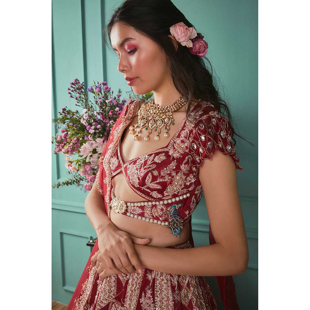 Jigar and Nikita Red Blouse and Lehenga with Dupatta (Set of 3)