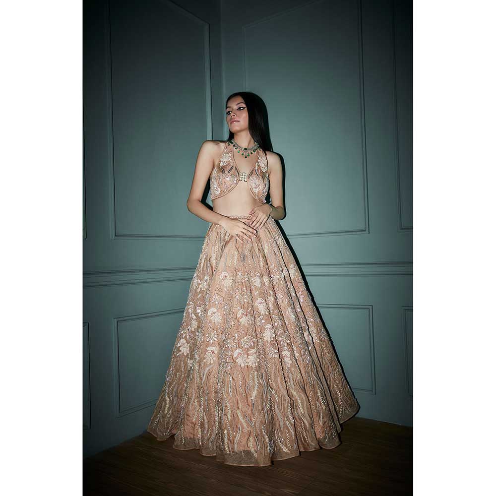 Jigar and Nikita Desert Dust Blouse and Lehenga with Dupatta Set (Set of 3)