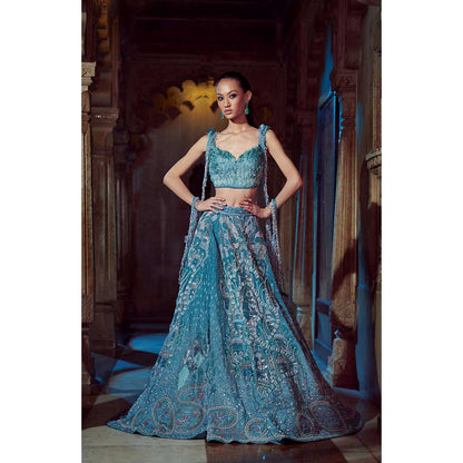 Jigar and Nikita Blue Blouse and Lehenga with Dupatta (Set of 3)
